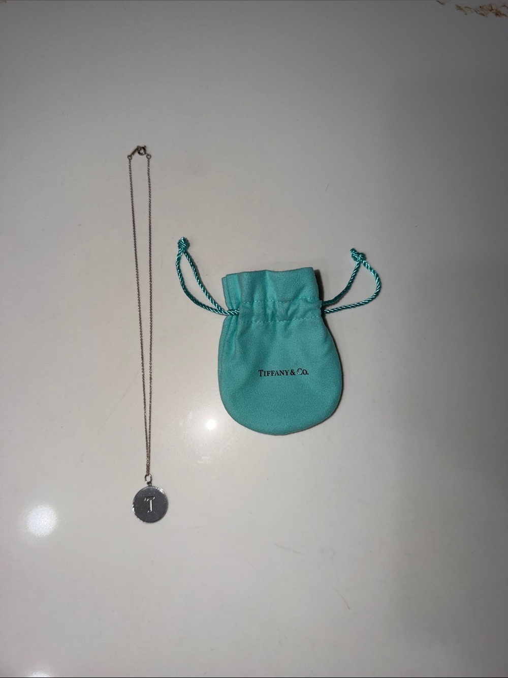 Tiffany & Co. Silver Initial T Disc Necklace with Tiffany Blue Pouch